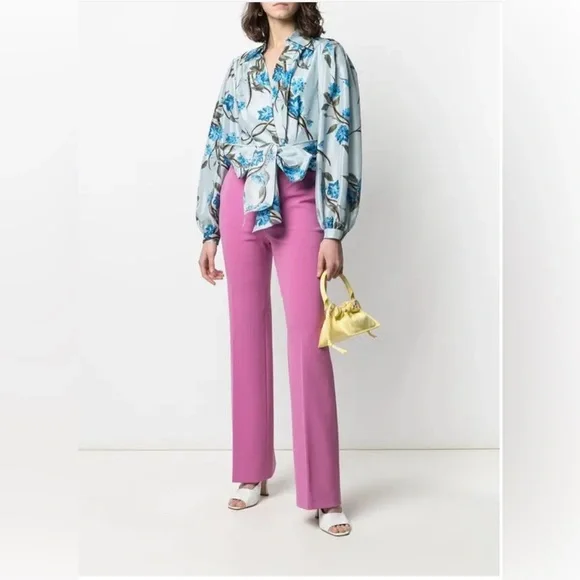 Alberta Ferretti White and Blue Wrap Blouse with Notched Collar